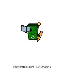 Cute Study Rubbish Bin Cartoon Character Vector Illustration Design. Outline, Cute, Funny Style. Recomended For Children Book, Cover Book, And Other.