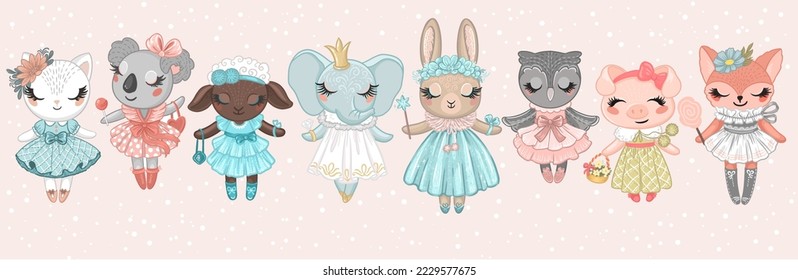 Cute stuffed animals - fashion girls characters. Kid nursery mural wallpaper. Vector hand drawn illustrations