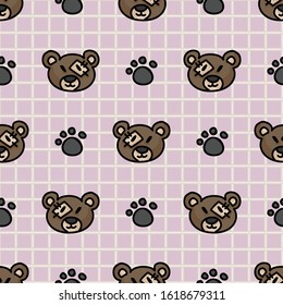 Cute stuffed brown teddy bear plush with paw pad seamless vector pattern. Hand drawn kids soft toy on striped background. Cuddly fluffy animal home decor. Joy, child, cub all over print. 
