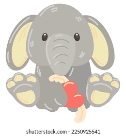 Cute stuffed elephant in paws heart with wings. A soft toy gray elephant as a gift for Valentine's Day. A gift for your loved ones. A kind toy for children in delicate shades. Cartoon illustration