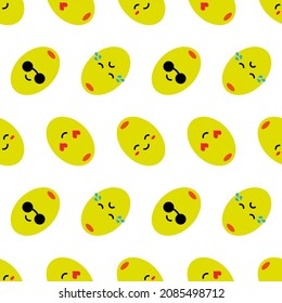 Cute stuffed green olives characters with different facial expressions vector seamless pattern background.