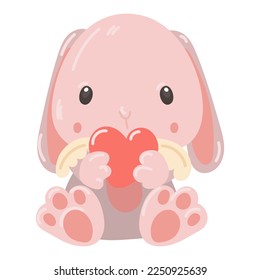 A cute stuffed rabbit in the paws of a heart with wings. A soft toy of a pink rabbit as a gift for Valentine's Day. A gift for your loved ones. A kind toy for children in delicate shades. Cartoon