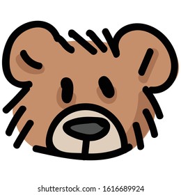 Cute stuffed teddy bear plush head clipart. Hand made kids soft toy. Fun hand drawn cuddly fluffy animal doodle in flat color. Isolated love, child, cub. Vector EPS 10. 