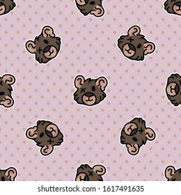 Cute stuffed teddy bear plush seamless vector pattern. Hand drawn kids soft toy on polka dot background. Cuddly fluffy animal home decor. Love, child, cub all over print. 