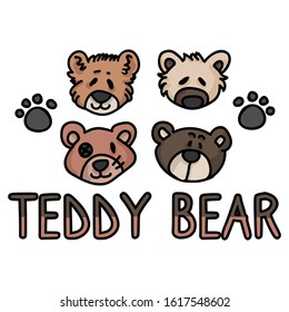 Cute stuffed teddy bear plush clipart. Hand made kids soft toy. Fun hand drawn cuddly fluffy animal doodle in flat color. Isolated love, child, cub. Typography paw pad vector EPS 10. 
