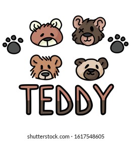 Cute stuffed teddy bear plush clipart. Hand made kids soft toy. Fun hand drawn cuddly fluffy animal doodle in flat color. Isolated love, child, cub. Typography paw vector EPS 10. 