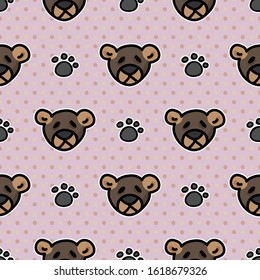 Cute stuffed teddy bear plush with paw pad seamless vector pattern. Hand drawn kids soft toy on striped background. Cuddly fluffy animal home decor. Joy, child, cub all over print. 