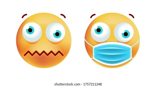 Cute Stunned Emoticon with Face Mask on White Background. Isolated Vector Illustration 