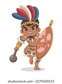 Cute style African zulu tribal warrior with shield and mace cartoon illustration