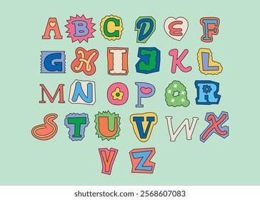 Cute style alphabet capital letters. Hand drawing. vintage style