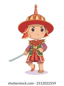 Cute style ancient Burmese warlord holding sword cartoon illustration