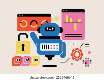 Cute style artificial intelligence robot. Simple abstract. character. information system.