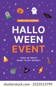 Cute style autumn season Halloween concept event banner and poster design template. With grave, pumpkin, ghost, bat, candy, witch, broom icons and 'Halloween Event' typography on purple background.