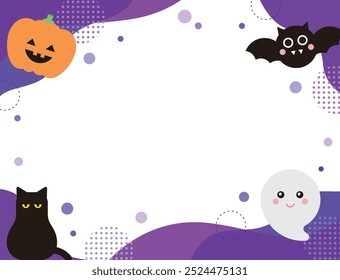 Cute style autumn season Halloween day concept event banner and poster design template. There are pumpkin, ghost, bat and cat characters on a purple background with a geometric and abstract pattern.