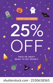 Cute style autumn season Halloween concept event banner and poster design template. With grave, pumpkin, ghost, bat, candy, witch, broom icons and 'Halloween sale' typography on purple background.