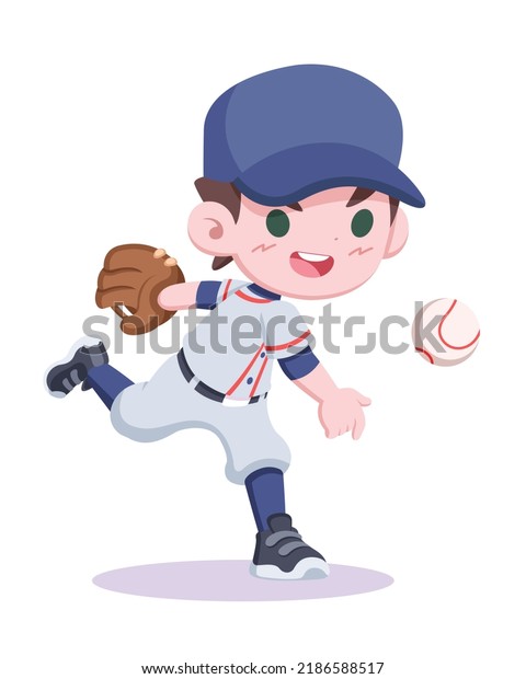 Cute style baseball player throwing ball\
cartoon illustration