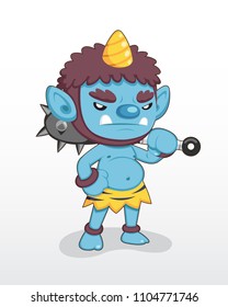 Cute style Blue Japanese single horn Demon standing illustration 

