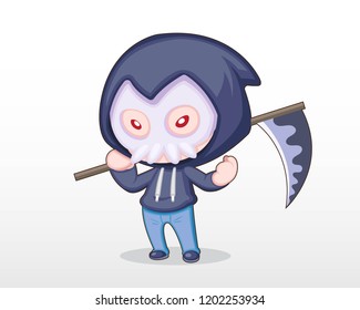 Cute Style Boy dressing in Grim Reaper Costume holding toy scythe Illustration
