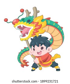 Cute style boy performs traditional dragon dancing illustration