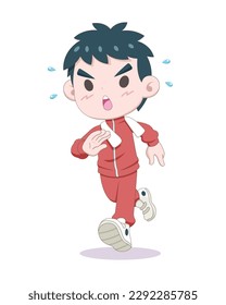 Cute style boy in tracksuit doing warm-up running cartoon illustration