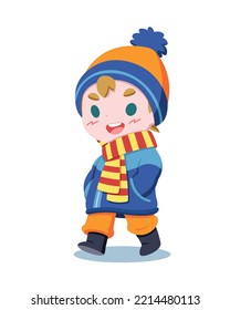 Cute style boy in winter clothes walking happily cartoon illustration