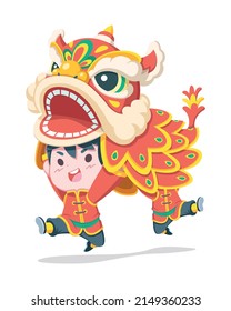 Cute Style Boys Performing Traditional Chinese Lion Dance Cartoon Illustration