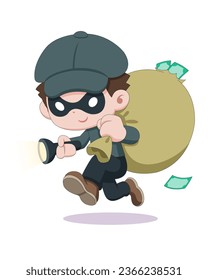 Burglar estilo lindo portando linterna y enorme bolso de dinero ilustración de caricatura