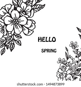 Cute style of card hello spring, with abstract leaf floral frame, isolated on white background. Vector