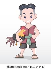 Cute Style Cartoon Thai Man in Traditional Outfit holding a fighting cock Illustration
