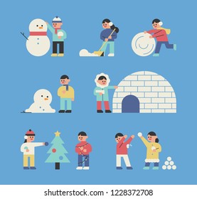 Cute style character set that plays various games with snow. flat design style vector graphic illustration.