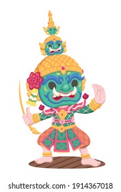 Cute style character of traditional Thai performer Khon Yak [Tossakan] cartoon illustration