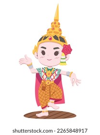 Cute style character of traditional Thai performer Khon woman cartoon illustration