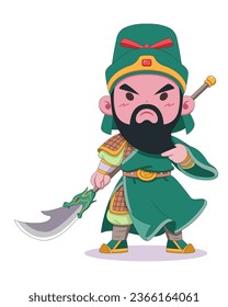 Cute style Chinese general Guan Yu holding The Green Dragon Crescent Blade cartoon illustration