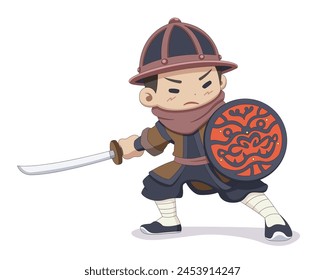 Cute style Chinese Ming dynasty soldier with sword and shield cartoon illustration