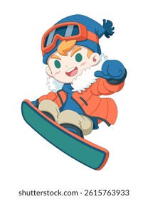 Cute style confident snowboarder jumping cartoon illustration