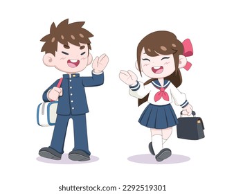Cute style couple of anime students greeting to each other cartoon illustration