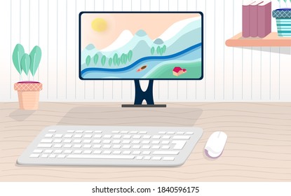 cute style desktop pc mockup with 3d illustration of keyboard and mouse with wooden desk