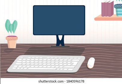 cute style desktop pc mockup with 3d illustration of keyboard and mouse with wooden desk 