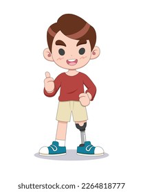 Cute style disabled person with a prosthetic leg thumbs up cartoon illustration