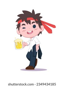 Cute style drunk Japanese salaryman holding beer glass cartoon illustration