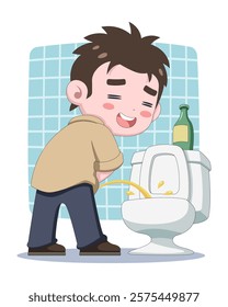 Cute style drunk man peeing in toilet relievedly cartoon illustration