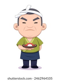 Cute style elder Japanese sushi chef cartoon illustration