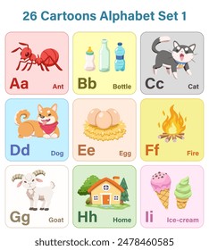 Cute style English simple Alphabet set 1 cartoon vector illustration