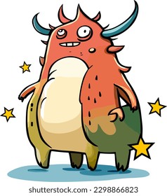 Cute style eps drawing of a fun, friendly little pet monster mascot character with horns. He has funny eyes, orange and green skin with a big beige belly. Fun sticker illustration collection for kids