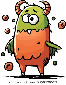 Un estilo lindo salta el dibujo de un divertido y amigable personaje de mascota monstruo con cuernos. Tiene ojos graciosos, piel naranja y verde con pequeñas alas. Colección de ilustraciones de stickers divertidos para niños