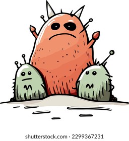 Cute style eps drawing three little pet monster blob-like mascot characters with antennas, spikes, orange and green skin on an alien planet. Fun sticker illustration collection for kids