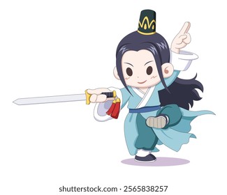 Cute style fantasy martial artist in Wuxia Chinese fiction sword dancing cartoon illustration