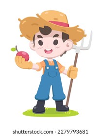 Cute style farm boy holding fruit and rake cartoon illustration