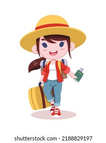 Cute style female tourist holding luggage and passport cartoon illustration