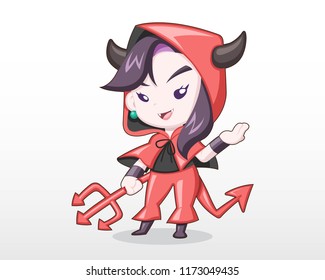 Cute Style Girl in Halloween Day Costume [Devil] Standing Illustration